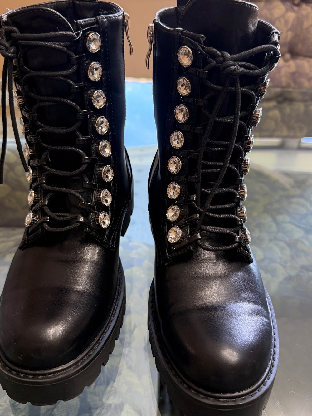 PrettyLittleThing Black Jewel-Embellished Combat Boots